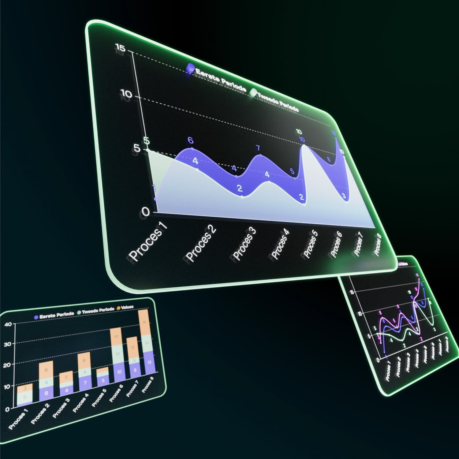 Impressie van 3D dashboard op zwarte achtergrond